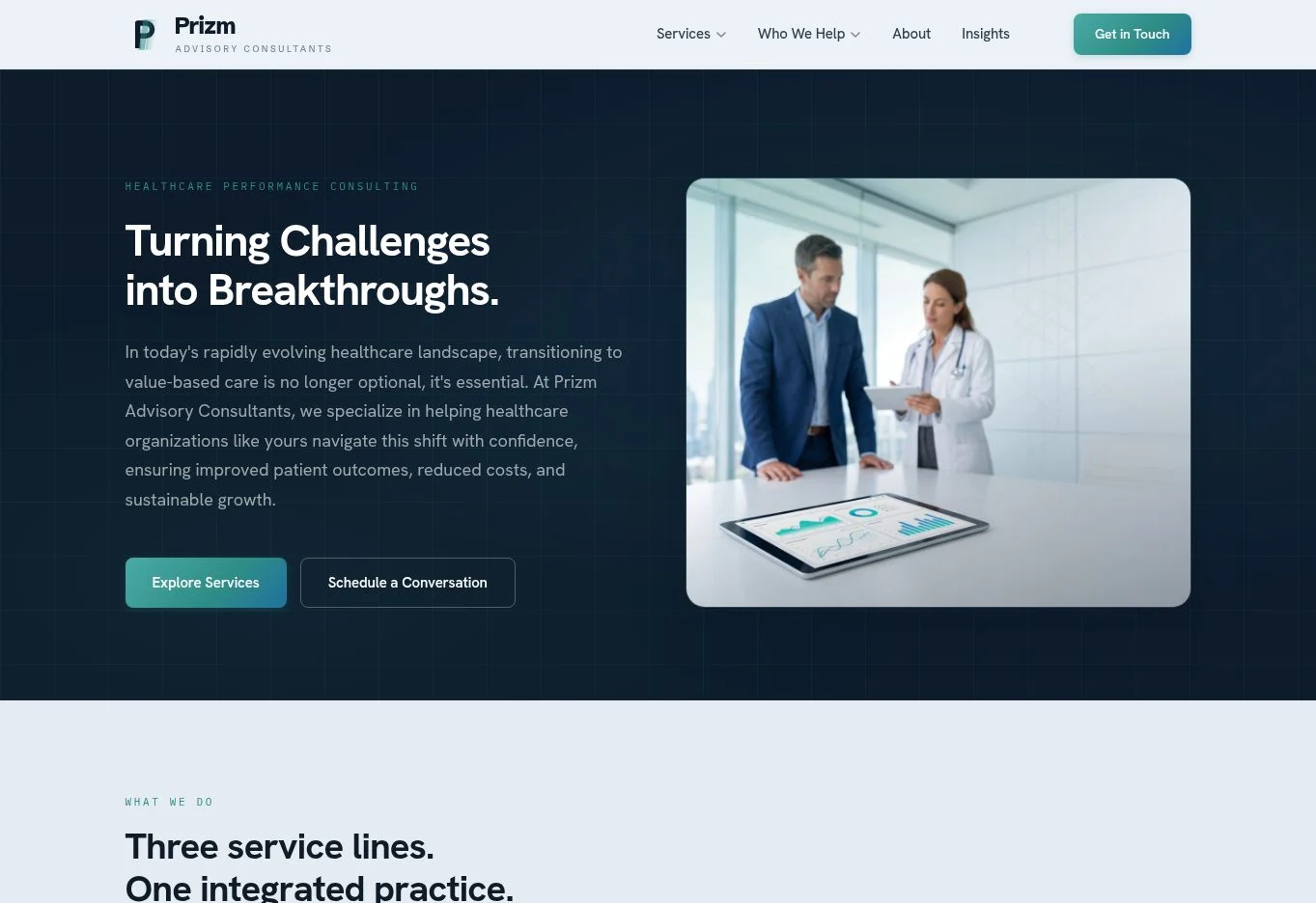 Homepage screenshot of Prizm Advisory Consultants